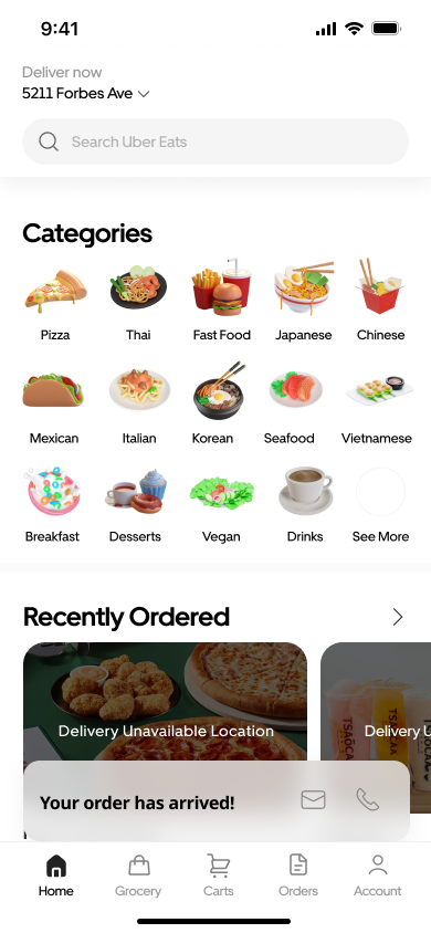 Home screen — delivery notification with driver contact